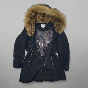 Cole Haan Designer Faux Fur Hood Grunge Jacket in Black Down Fill Women's Large